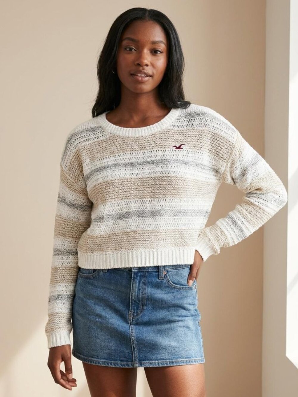 Hollister Cropped Neutral Striped Mixed-Knit Sweater
